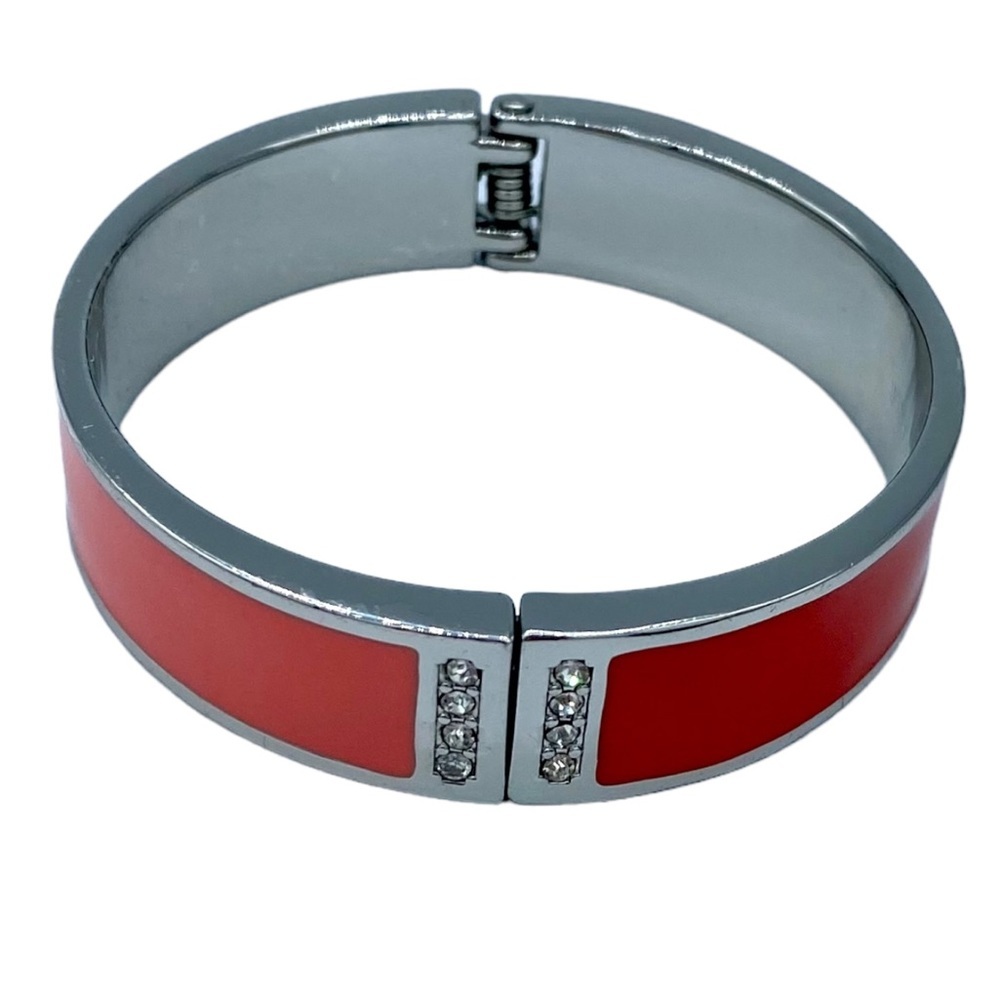 ✨Ann Taylor coral orange bangle cuff hinged bracelet rhinestones silver tone